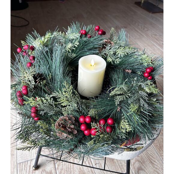 Luminara 4.5" Pillar Flameless Candle + Christmas 18" Wreath Red Berries Pines - Picture 6 of 12